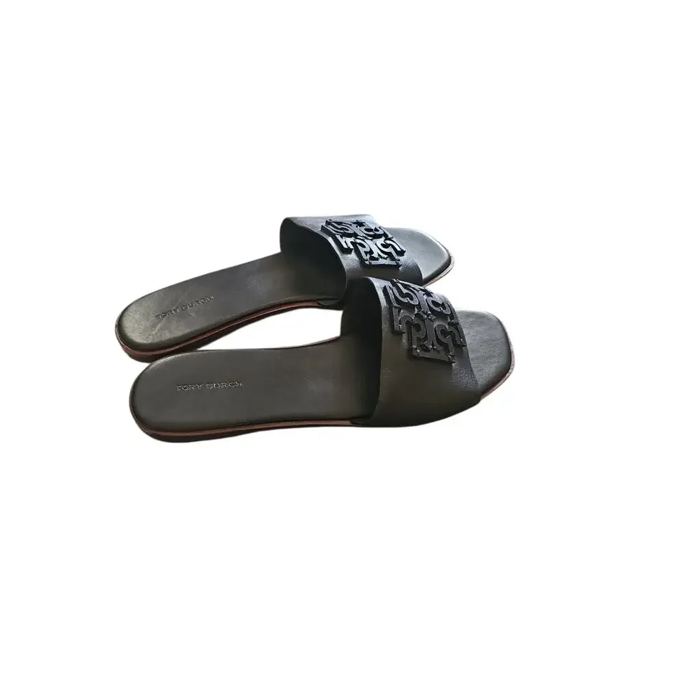 Tory Burch Women's Black Leather Medallion Ines Slides Flats Shoes sz 10 new